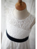 Ivory Lace Navy Blue Bow Heart Hole Back Flower Girl Dress 